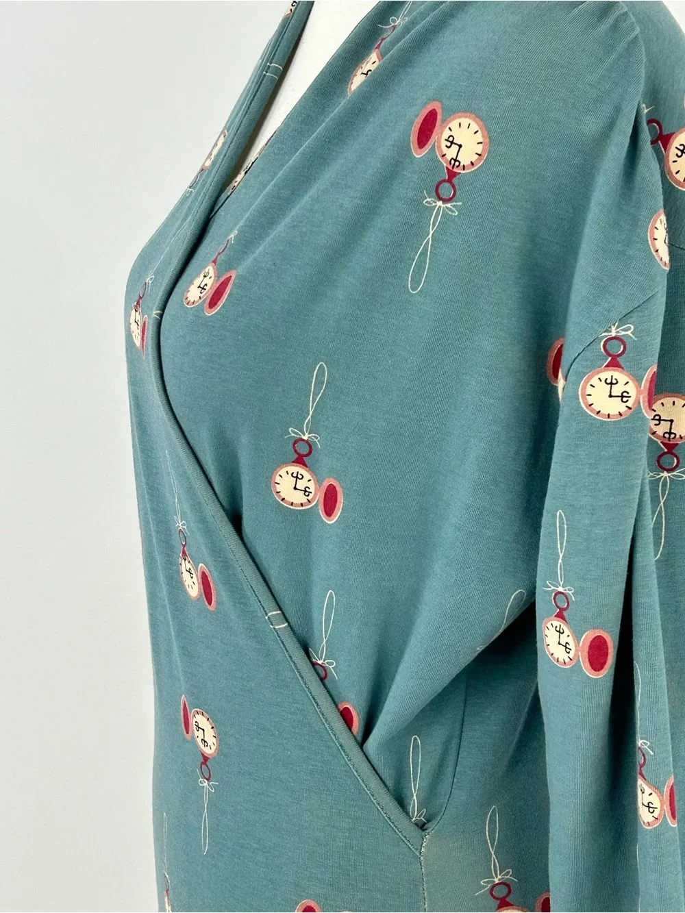 Effie’s Heart Pocket Watch Print Tunic Mini Dress M Teal Retro Cotton Stretch